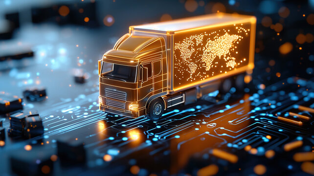 Digital truck model representing global trade disruptions, illuminated with circuit patterns, showcasing technology and logistics futuristic