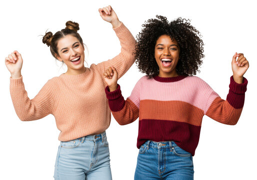 Two happy young women one caucasian and one african american with arms raised in celebration laugh and smile together isolated on transparent