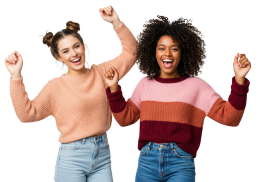 Two happy young women one caucasian and one african american with arms raised in celebration laugh and smile together isolated on transparent - Powered by Adobe