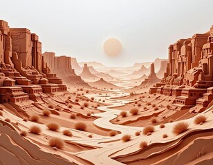 Lost Desert City, a surreal landscape. A digitally rendered, serene desert landscape showcases a vast, ancient city carved into the terracotta-colored hills.