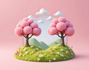 Cute Pink Cherry Blossom Trees in a Pastel Spring Landscape. A whimsical, 3D rendering of a spring landscape.
