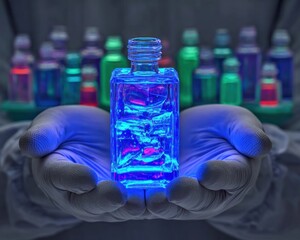 Scientist holds glowing chemical bottle