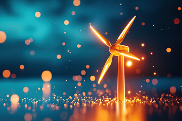 Vibrant wind turbine stands against dreamy backdrop, symbolizing clean energy and innovation, surrounded by glowing particles