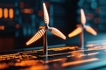Innovative wind turbines illuminated by orange lights, showcasing clean energy technology and optimization algorithms in futuristic setting