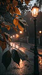 Nocturnal Leaves Under Streetlight – Wet Urban Botanical