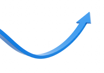 A blue arrow curves upwards signifying positive growth progress or an upward trend in a business or financial context isolated on transparent
