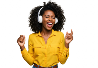 A young african american woman with curly hair joyfully sings and dances while listening to music on white headphones isolated on transparent