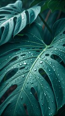Dark Teal Monstera Leaves with Dew – Hyper-Realistic Botanical Image