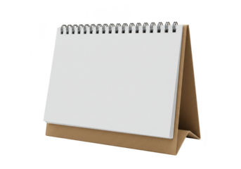 A blank white desktop calendar with a spiral binding stands ready for notes and planning isolated on transparent background