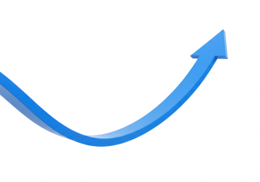 A blue arrow curves upwards signifying positive growth progress or an upward trend in a business or financial context isolated on transparent
