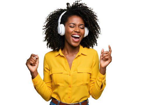 A young african american woman with curly hair joyfully sings and dances while listening to music on white headphones isolated on transparent