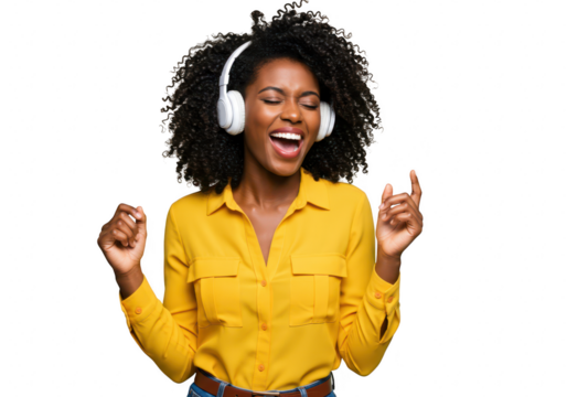 A young african american woman with curly hair joyfully sings and dances while listening to music on white headphones isolated on transparent