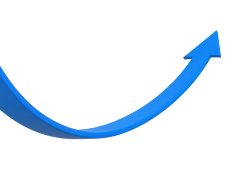 A blue arrow curves upwards symbolizing growth and progress against a clean transparent background
