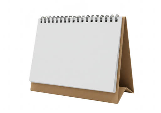 A blank white desktop calendar with a spiral binding stands ready for notes and planning isolated on transparent background