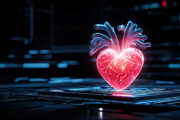 Glowing heart symbolizing fusion of technology and emotion, with vibrant energy and intricate details, representing connection between AI