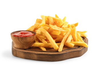 Wooden board with tasty french fries and bowl of ketchup on white background