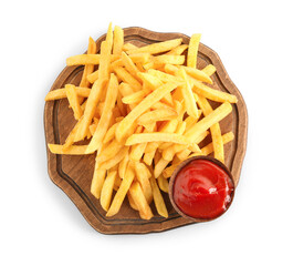 Wooden board with tasty french fries and bowl of ketchup on white background