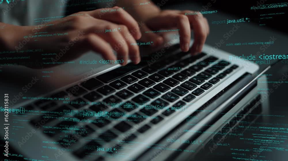 Poster a close-up view of hands typing on a laptop keyboard, surrounded by flowing code symbols. this image