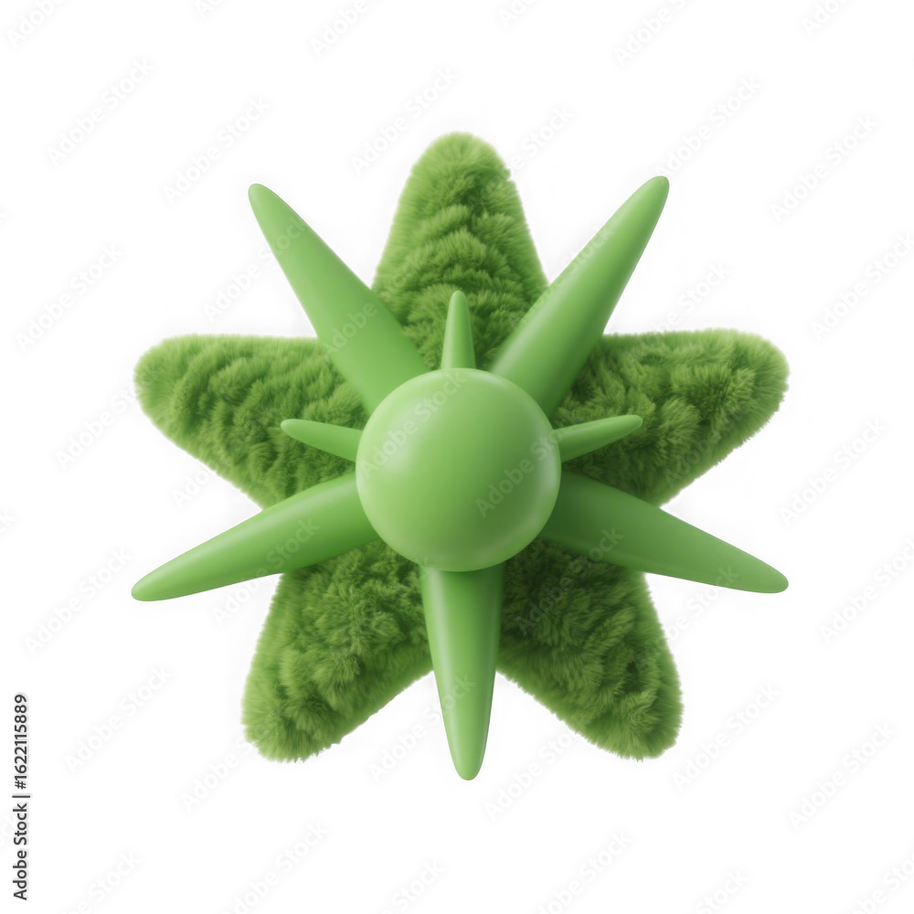 Poster 3d icon of a vibrant green starshaped object with a fluffy texture and smooth, pointed spikes, isola