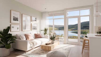 Fototapeta premium Modern Light Filled Apartment Living Room With Lake View
