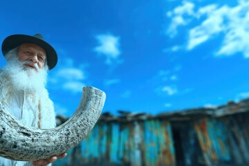 Elderly man with horn, rural setting