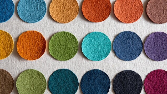 Colorful circular paper samples arranged in rows on white background