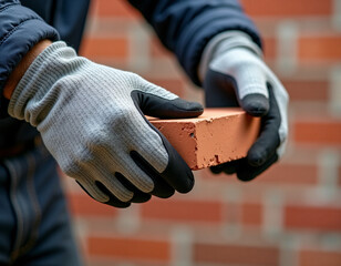 Closeup of construction worker holding a brick