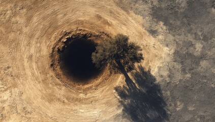 Aerial view of a large, circular hole in arid land, a lone tree centered in the crater