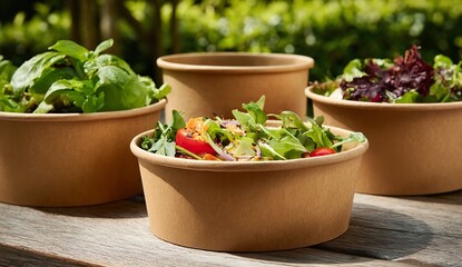 Brown Paper Food Containers with Fresh Salad on Outdoor Table, Greenery and Trees in Background
