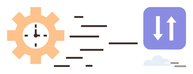 Orange gear with clock and movement lines connecting to up-down arrows in blue square. Ideal for time management, efficiency, data synchronization, workflow, automation, speed, productivity. Simple