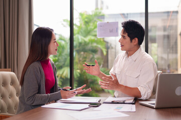 Asian business professionals adult discuss project strategies ideas collaborating sharing insights...