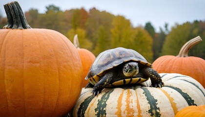 turtle with pumpkins during the autumn