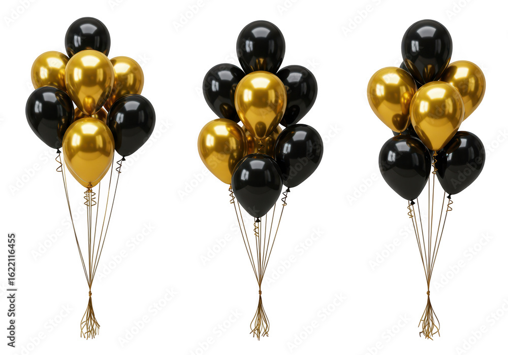 Poster three bunches of black and gold shiny balloons tied with strings are arranged and isolated on a clea
