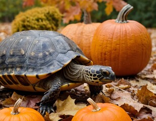 turtle with pumpkins during the autumn