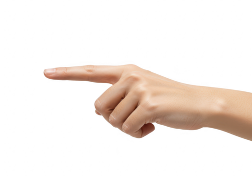 A closeup view of a human hand with the index finger pointing to the left isolated against a plain transparent background signifying direction or