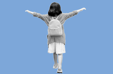 rear view of young girl walking while wearing backpack with her arms flapping like wings pixelate grayscale color halftone dotted texture style collage element isolated on blue background