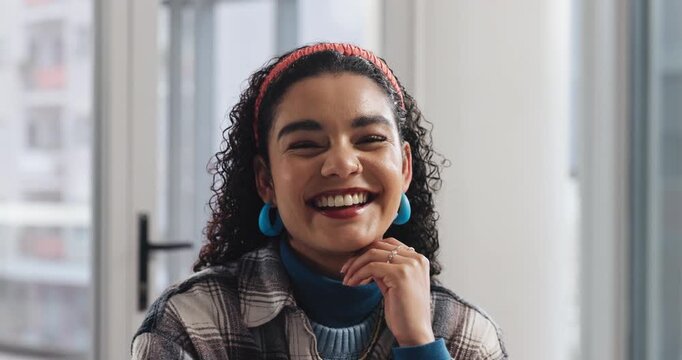 Face, smile and creative business woman in office as magazine editor with ambition. Portrait, happy and professional worker with confidence, pride and publication intern laughing in startup in Brazil