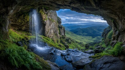 Obraz premium Hidden Waterfall View From Cave Opening