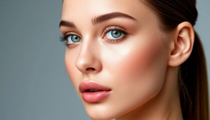 Fototapeta premium Professional model displaying flawless skin with expertly applied makeup, emphasizing wellness, skincare, and beauty concepts in a stylish studio environment