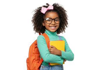 A happy young african american girl wearing glasses and a pink bow in her curly hair holding books and a backpack smiles at the camera isolated on