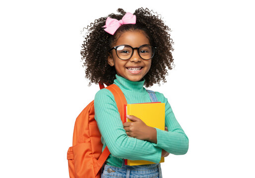 A happy young african american girl wearing glasses and a pink bow in her curly hair holding books and a backpack smiles at the camera isolated on