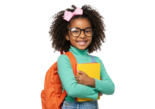 A happy young african american girl wearing glasses and a pink bow in her curly hair holding books and a backpack smiles at the camera isolated on - Powered by Adobe