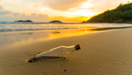 A mysterious message in a bottle washed ashore on a tropical beach at sunset, symbolizing hope and long-distance communication.