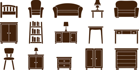 furniture icon set collection of home and office wood furniture silhouettes, furniture icons set