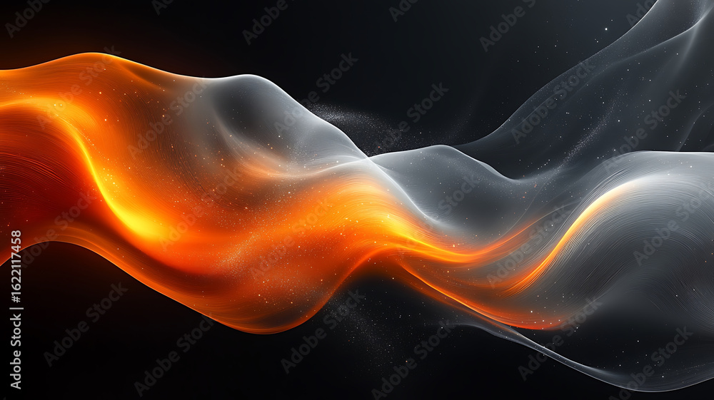 Poster bold abstract scene featuring flowing waves of orange and white against black background, creating d
