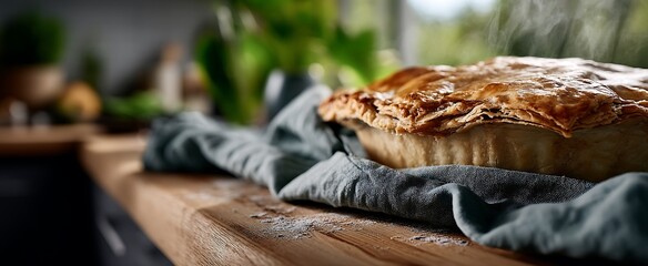 Golden Homemade Pie on Kitchen Counter with Steaming Freshly Baked Food Concept.