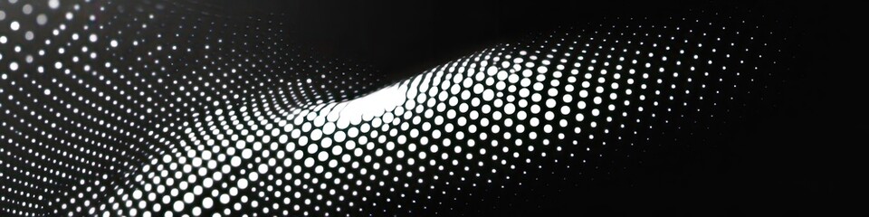 Abstract black and white design featuring a dynamic pattern of dotted waves flowing across the canvas.