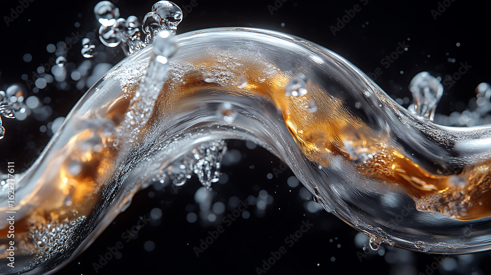 Poster hyperrealistic close up of flowing water with bubbles, showcasing dynamic wave shape and rich amber 