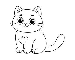 Cute cartoon cat illustration with large eyes and playful pose for kids coloring and learning.