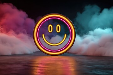 Vibrant neon smiley face sign glowing in smoky atmosphere